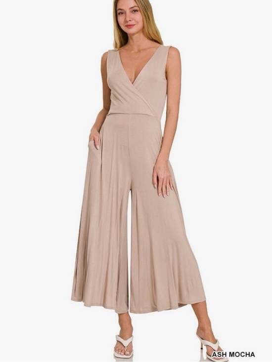 Zenana Outfitters Pants - Sleeveless Wrap V-Neck Wide-Leg Jumpsuit in DK BRUSH